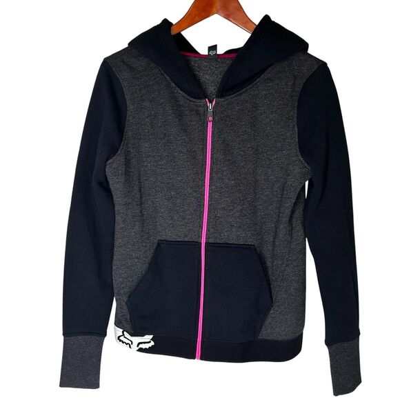 FOX Hoodie S Black Gray Contrast Sleeve Pink Full Zipper Front Kangaroo Pockets - Picture 3 of 11